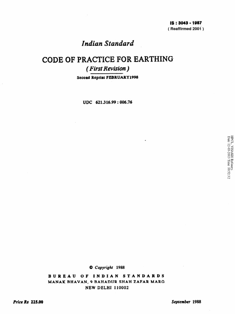 Codeofpracticeforearthing: Indian Standard | PDF | Electrical Wiring ...