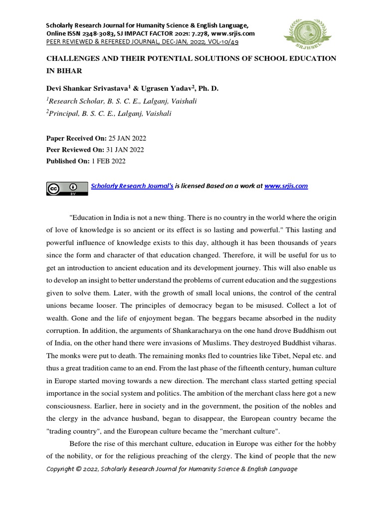 Challenges and Their Potential Solutions of School Education in Bihar ...