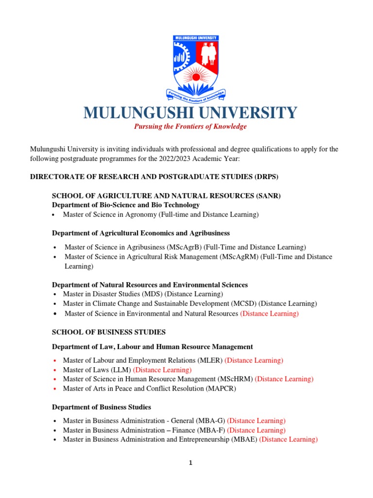 Mulungushi University Pursuing The Frontiers of Knowledge PDF