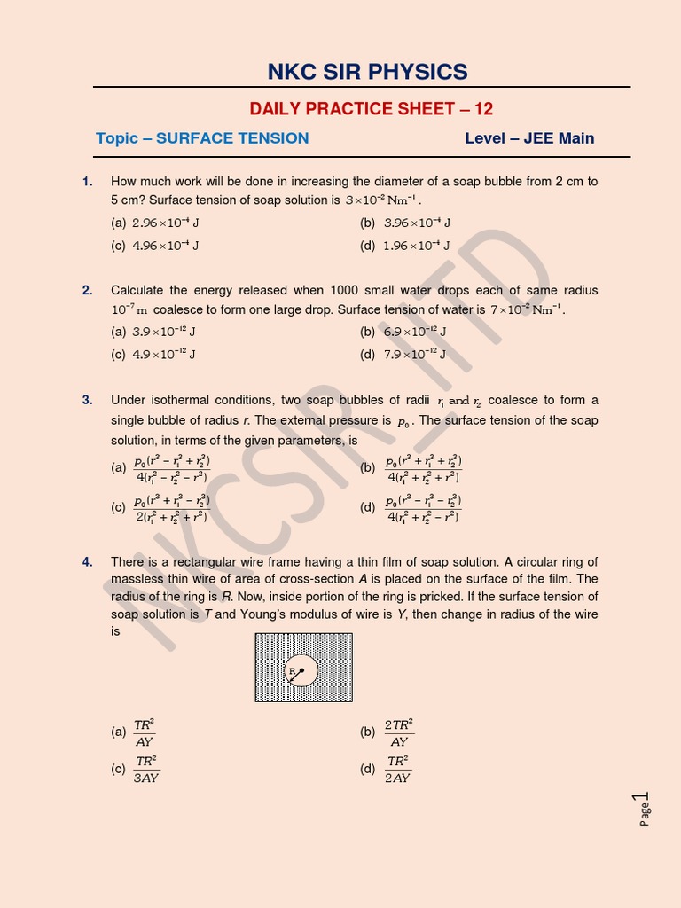 JEE Main Surface Tension Practice Sheet | PDF | Surface Tension ...