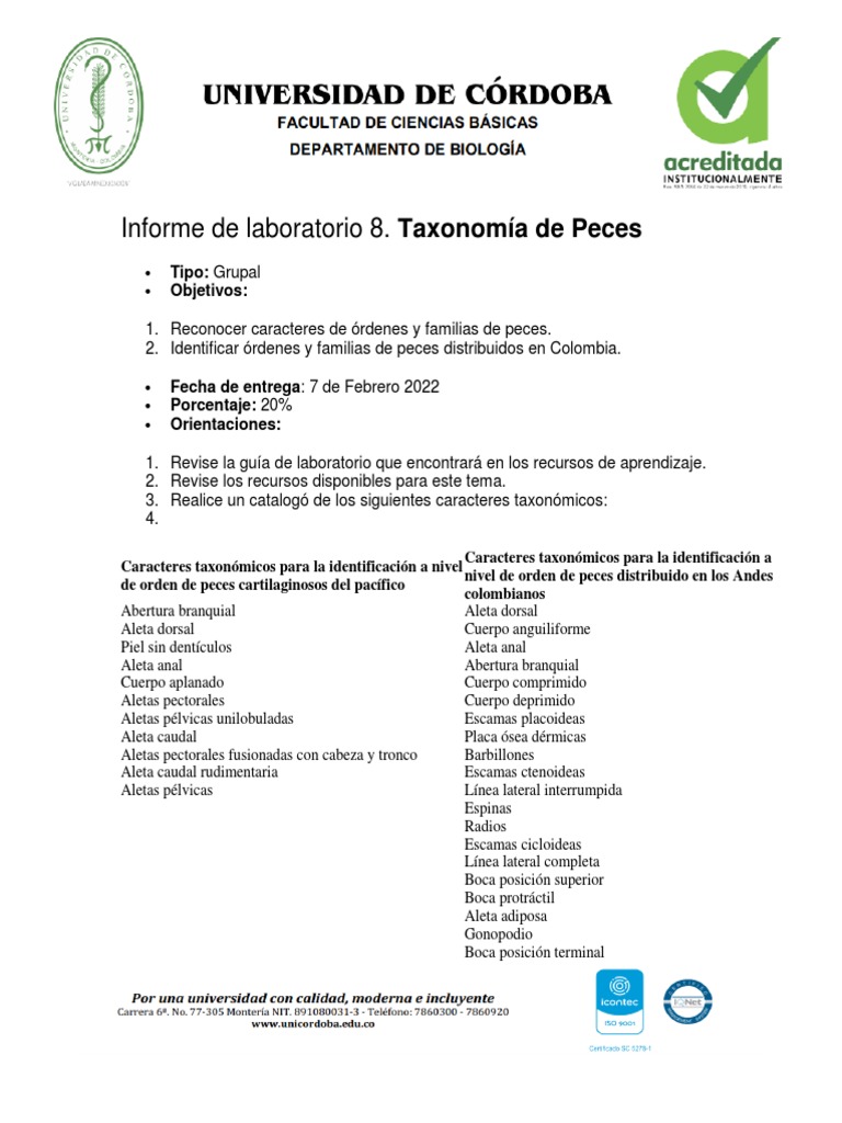 Informe de Laboratorio y Rubrica #8. Taxonomia de Peces L-01 | PDF ...