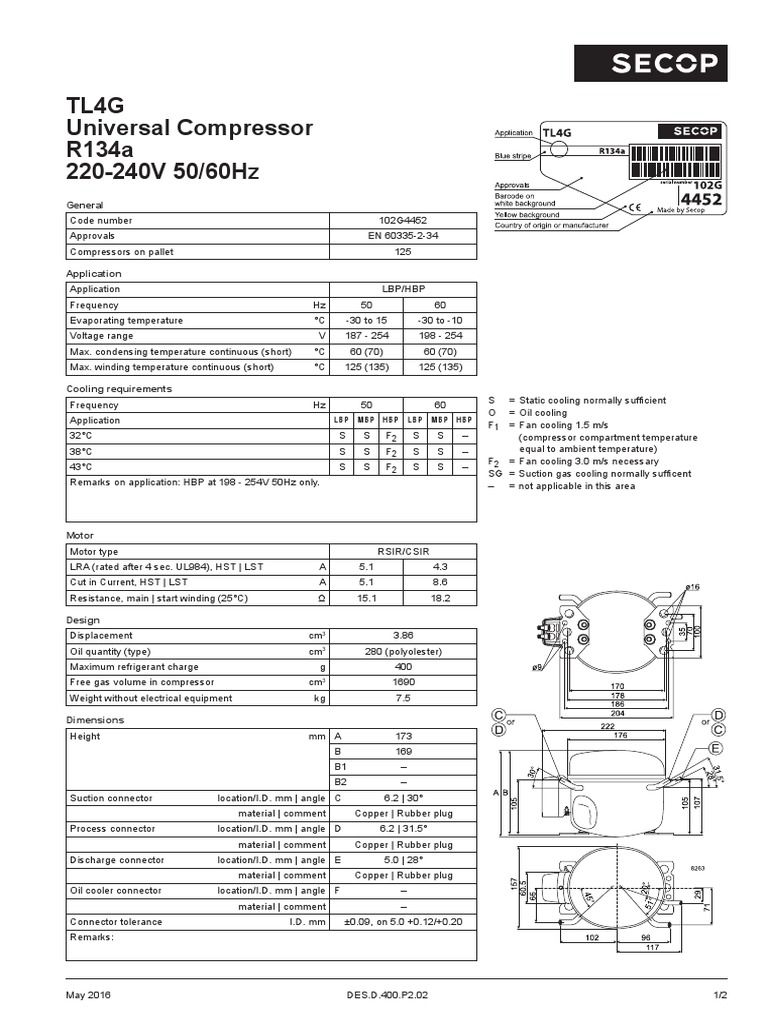 Tl4G Universal Compressor R134a 220-240V 50/60Hz: General | PDF ...