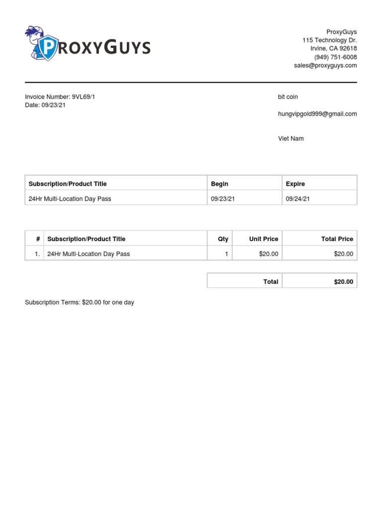 24Hr Multi-Location Day Pass Invoice | PDF