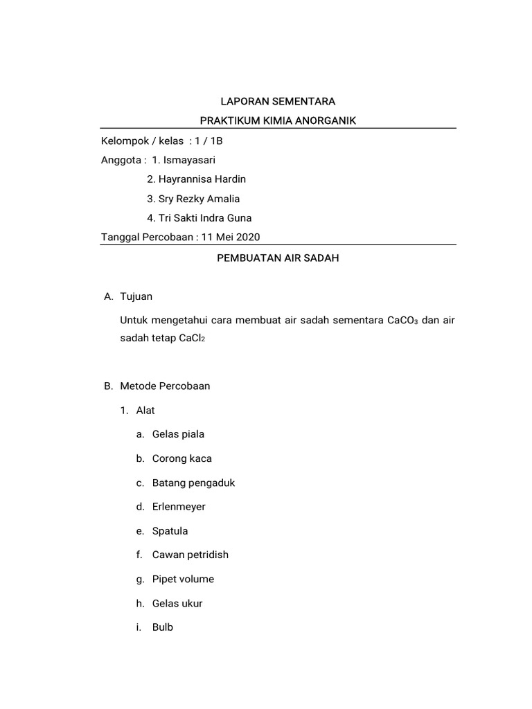Laporan Sementara Pembuatan Air Sadah | PDF