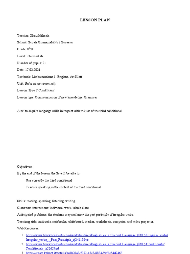 8th Grade English Lesson Plan: Type 3 Conditional | PDF | Teachers ...