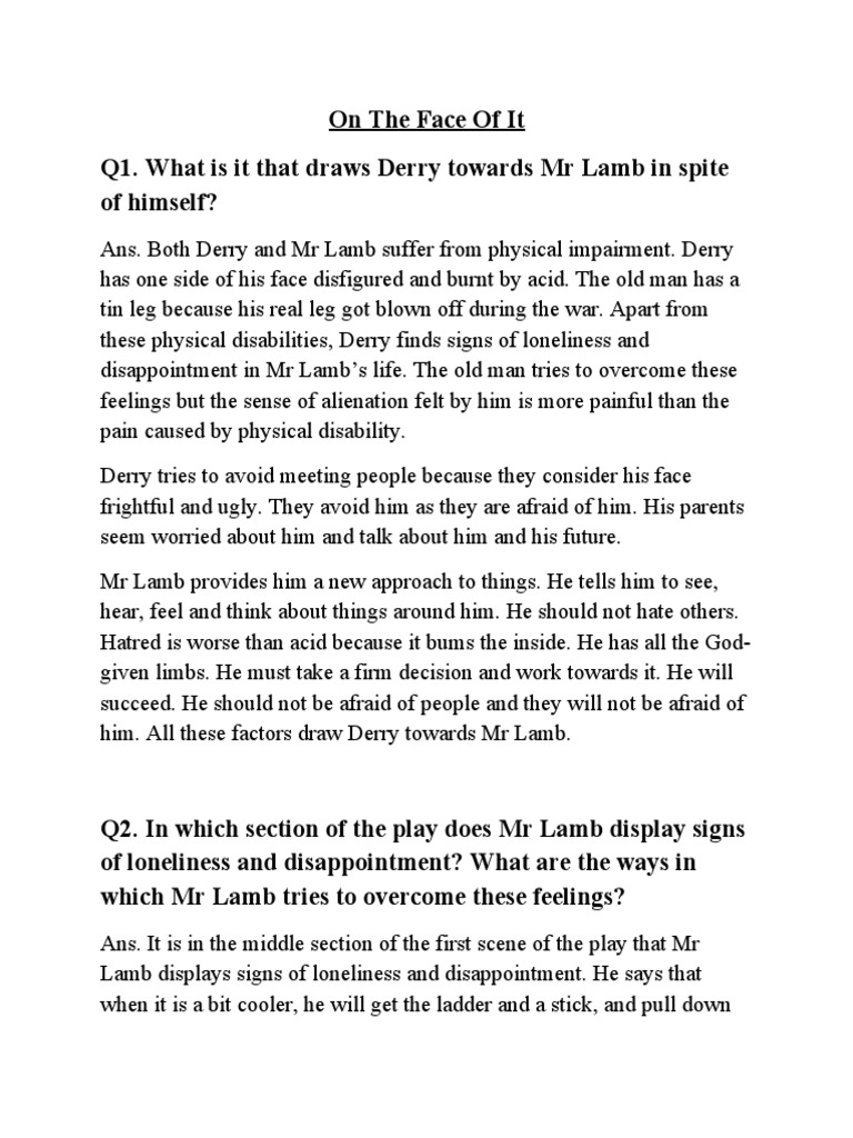 On The Face of It Q1. What Is It That Draws Derry Towards MR Lamb in ...