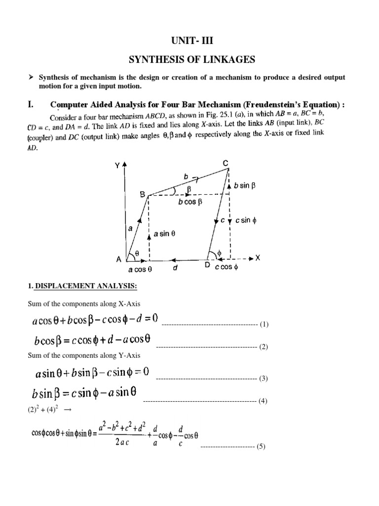 UnitIii Synthesis of Linkages I. Computer Aided Analysis For Four Bar