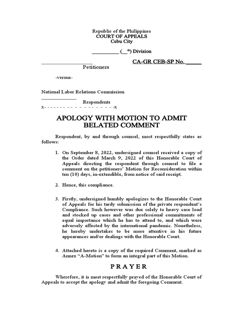 Motion To Admit Belated Comment (CA Cebu) .9.2022 | PDF | Courts ...