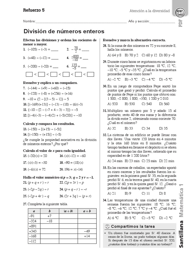 División y Resolución de Números Enteros | PDF