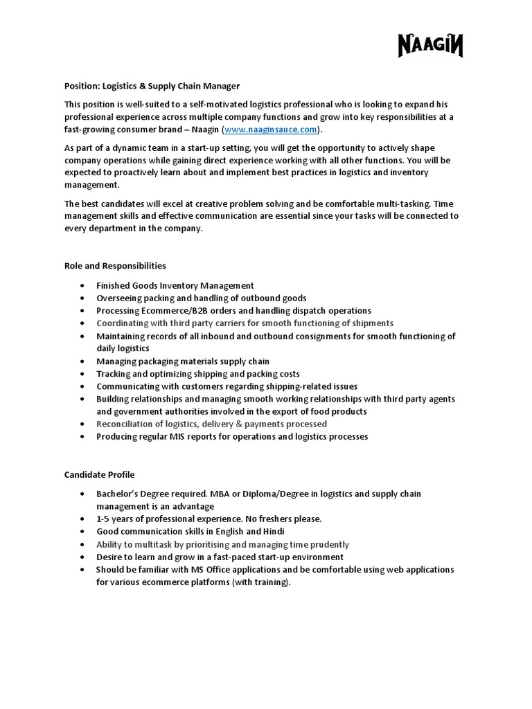 Logistics Supply Chain Manager Job Description PDF Logistics