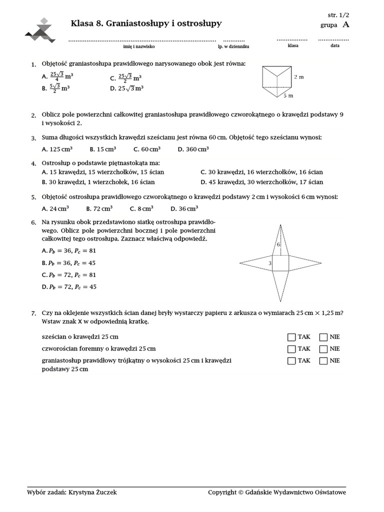 Sprawdzian Matematyka Klasa 8 Dział 1