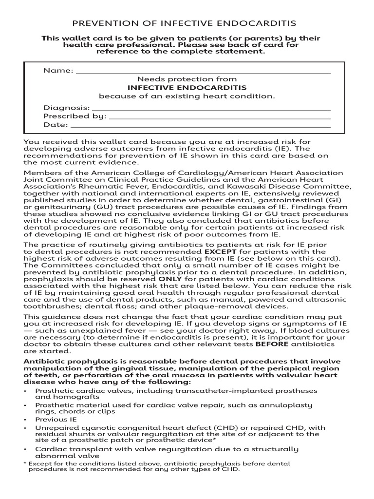 Infective Endocarditis Wallet Card | PDF | Dentistry | Clinical Medicine