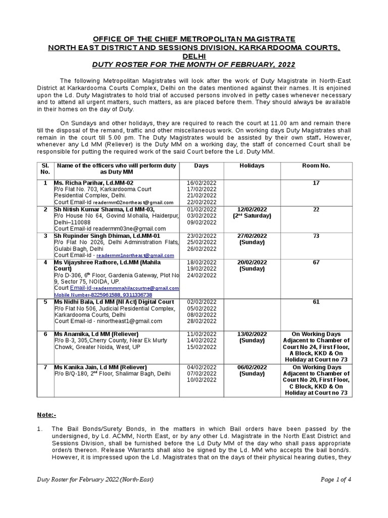 February 2022 Duty Roster - Karkardooma | PDF | Magistrate | Delhi