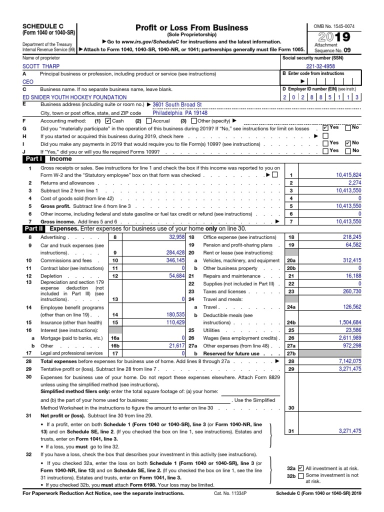 f1040 Schedule C 20190000ED SNIDER YOUTH HOCKEY FOUNDATION PDF Cost Of Goods Sold