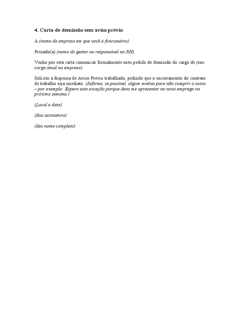 Carta de Demissão Sem Aviso Prévio  PDF