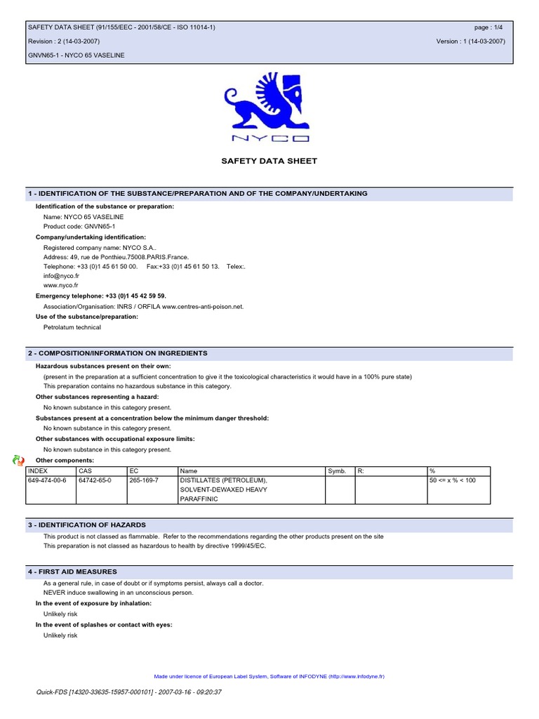 Safety Data Sheet for NYCO 65 Vaseline Mineral Oil Product PDF Safety Chemistry