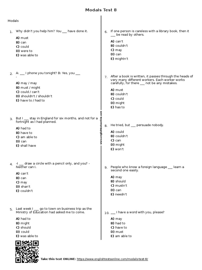 Modals Test for English Learners | PDF