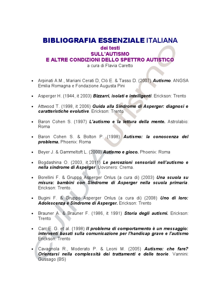 Bibliografia essenziale italiana dei testi sull’autismo e altre