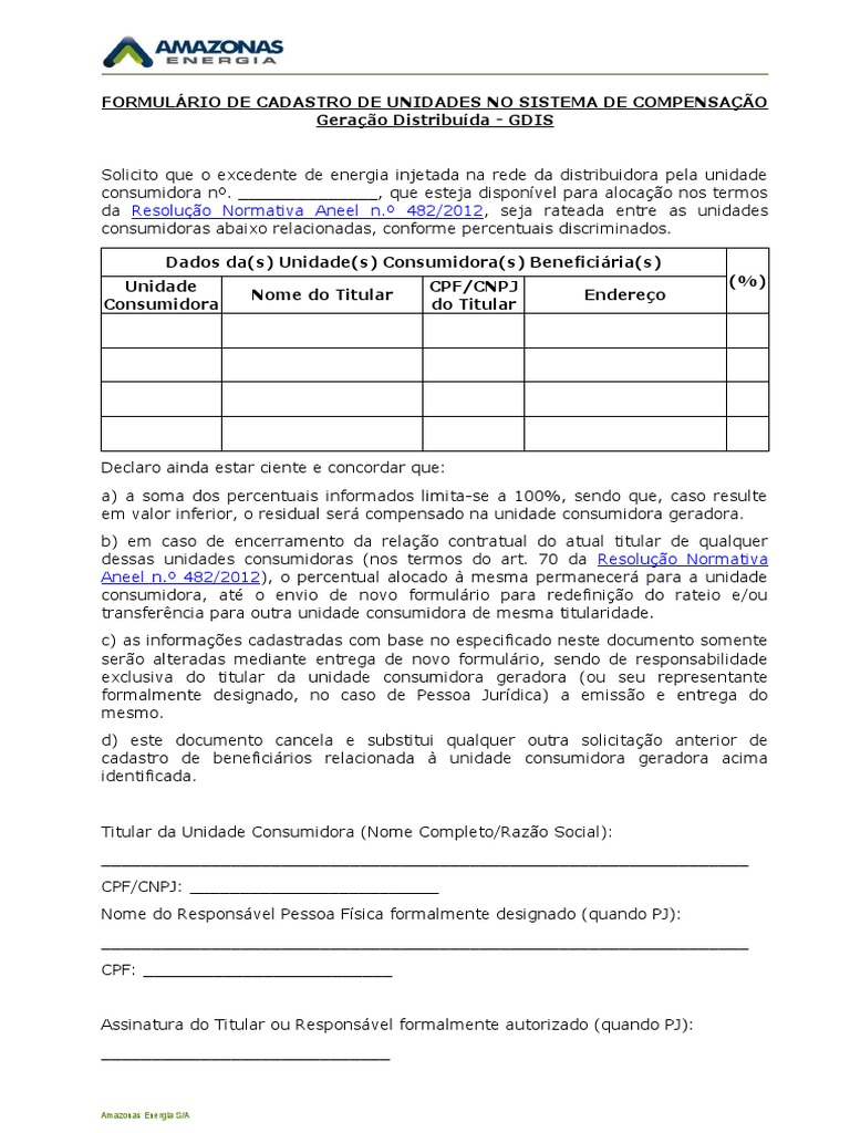 Formulário de Cadastro de Unidades No Sistema de Compensação 1 | PDF ...
