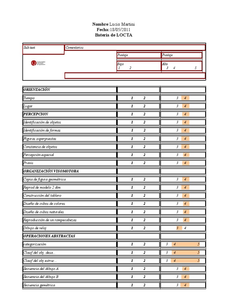 Evaluación Cognitiva LOCTA de Lucio | PDF
