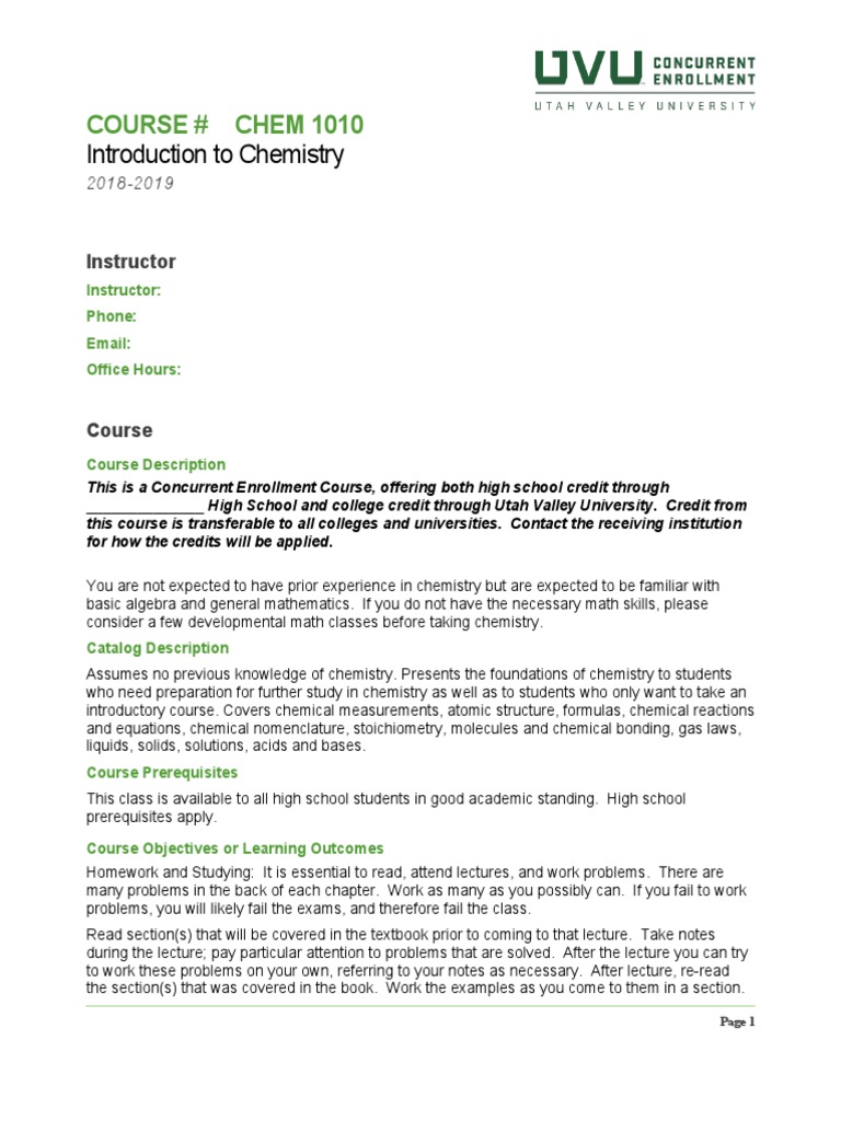 Introduction To Chemistry Course Chem 1010 Pdf Test Assessment