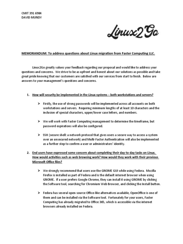 MEMORANDUM: To Address Questions About Linux Migration From Faster ...
