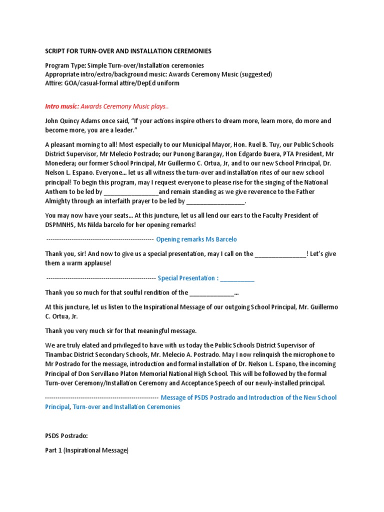 Script For Turn-Over and Installation Ceremonies | PDF