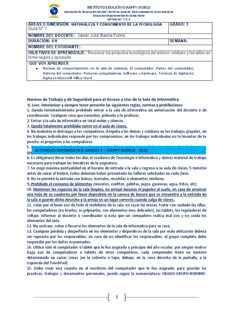 Grado 3 - Guia N 1 | PDF | Tableta | Salón de clases