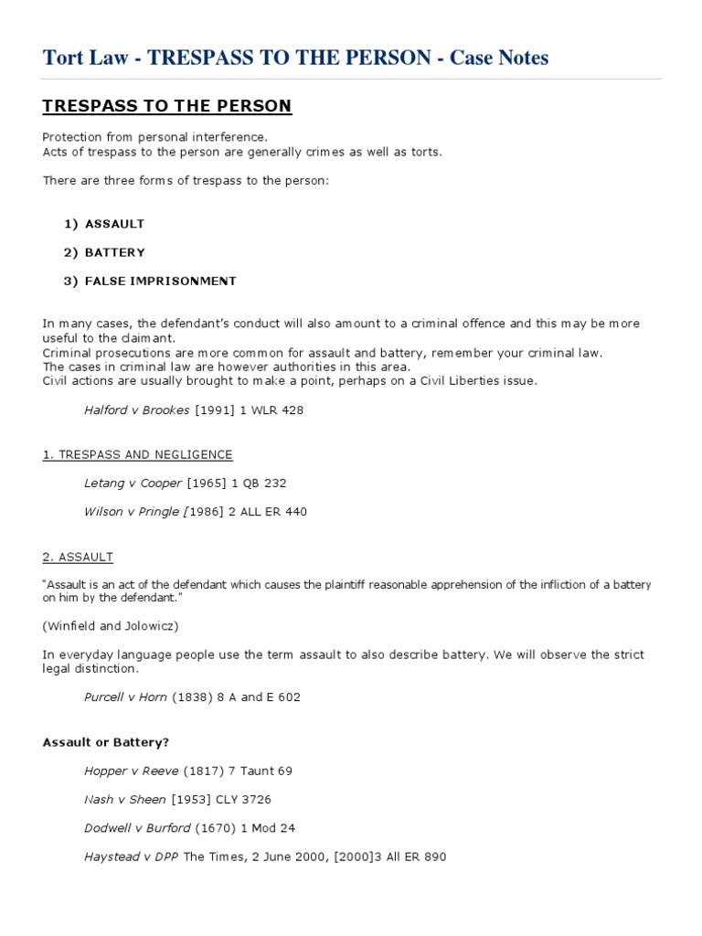 Tort Law - Trespass To The Person - Case Notes | PDF | Trespass ...