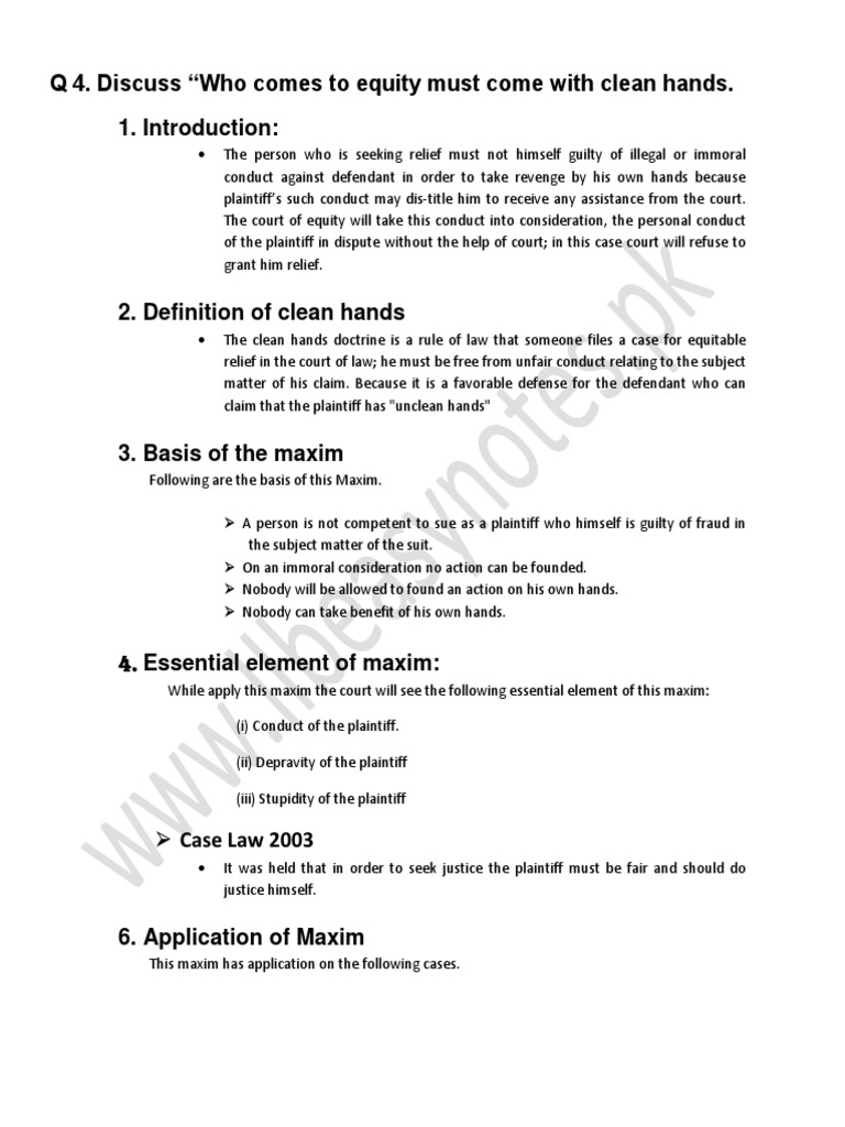 Who Comes To Equity Clean Hands PDF Equity (Law) Legal Remedy