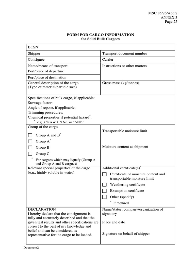 Form For Cargo Information For Solid Bulk Cargoes E.g., Class & UN No