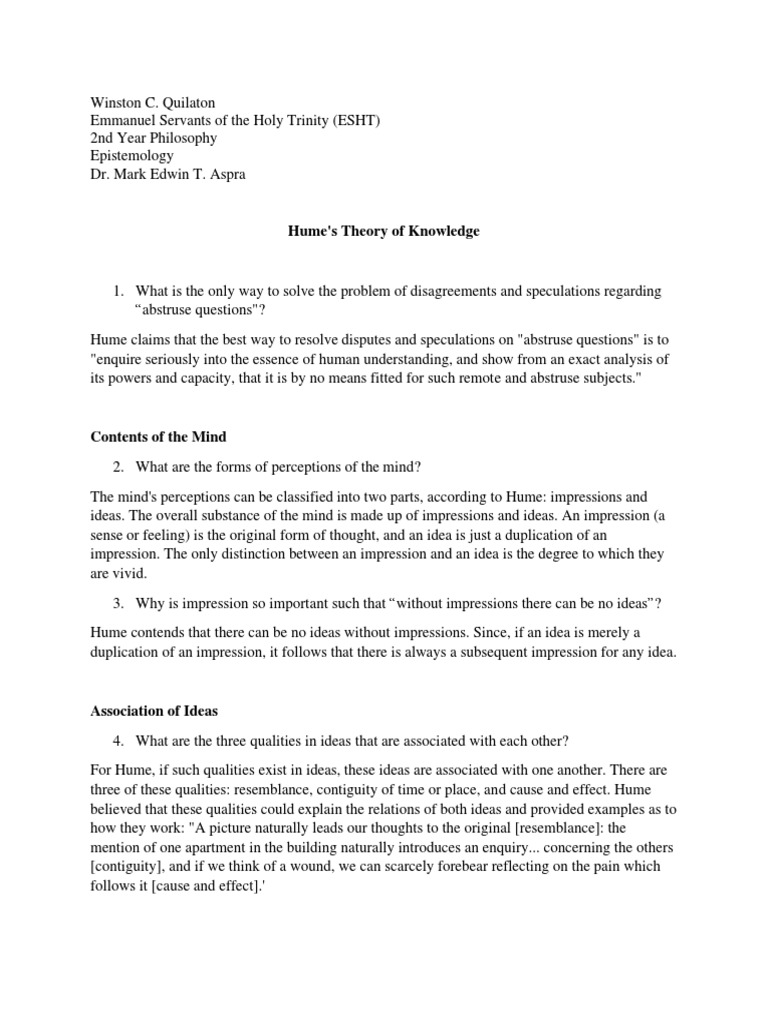 Hume's Theory of Knowledge PDF Idea Causality