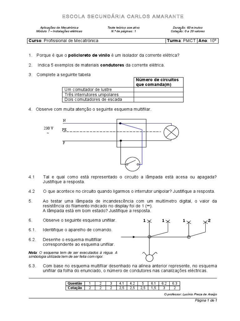 Teste de Instalações Elétricas em Mecatrónica | PDF | Lâmpada ...