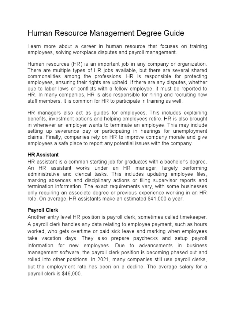 Human Resource Management Degree Guide HR Assistant PDF Human Resources Employment