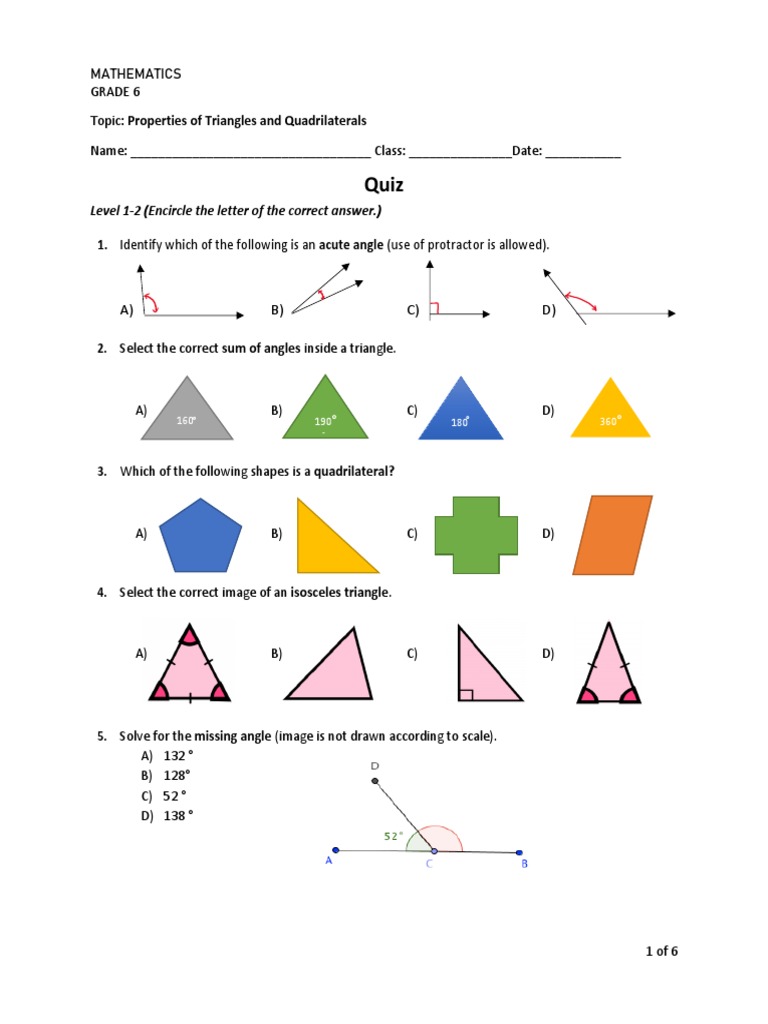 Grade 6 Quiz Triangles and Quadrilaterals PDF Triangle Elementary