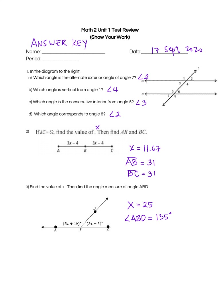 Math 2 Unit 1 Test Review (With Answers) PDF Angle Perpendicular