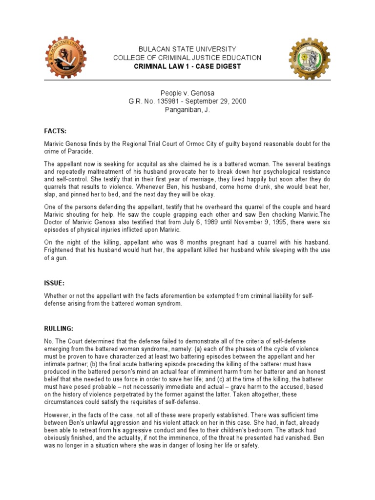 (Case Digest) People v. Genosa PDF Domestic Violence Self Defense