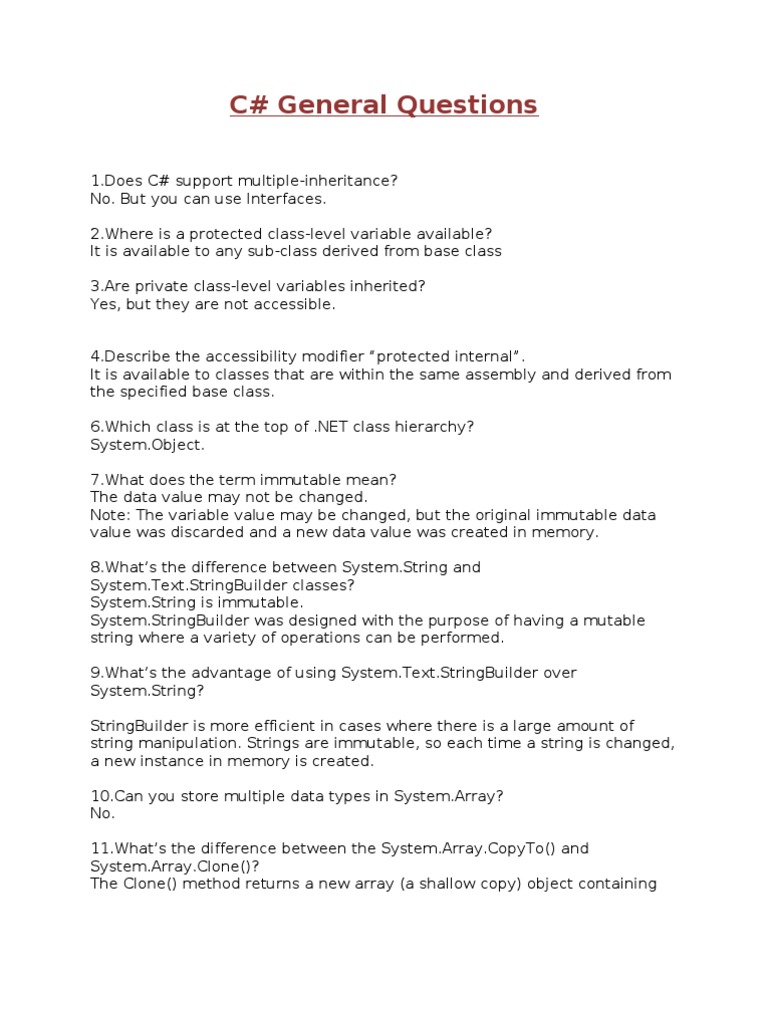 C# General Questions | PDF | Class (Computer Programming) | Method ...