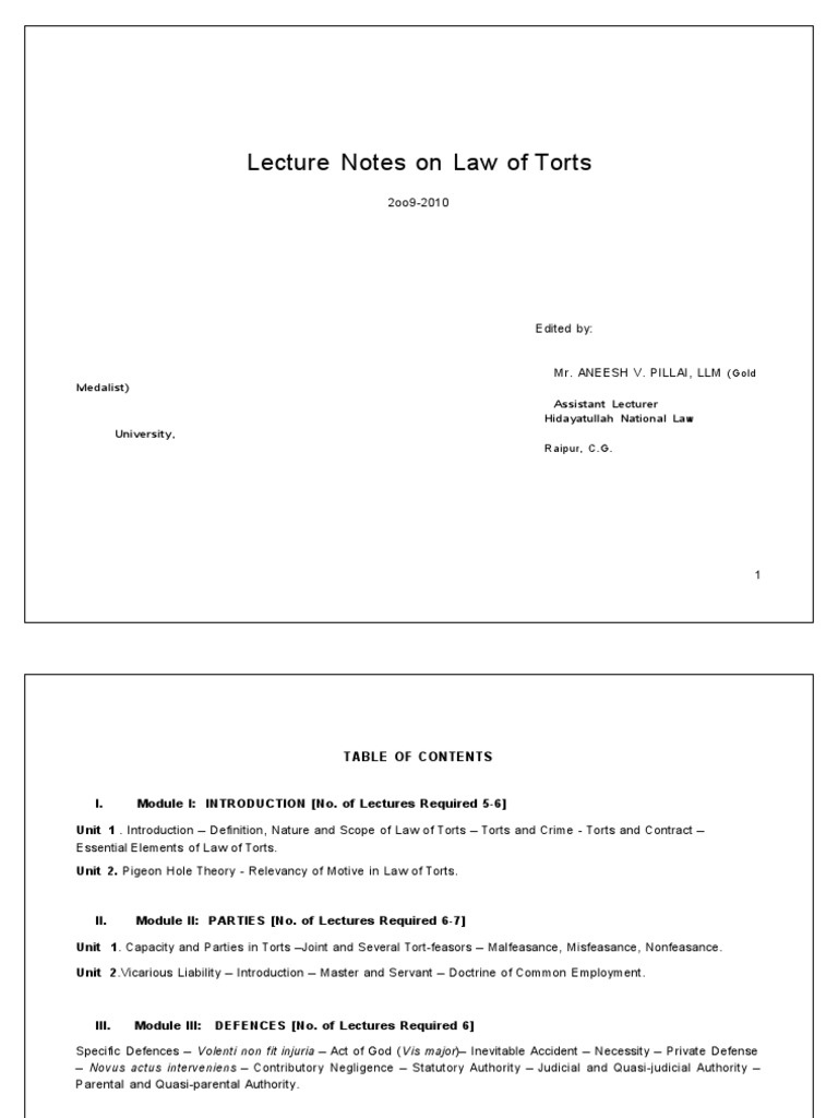 Study Material Law of Torts PDF Tort Legal Liability