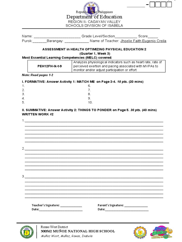 Assessment Form PE12 Week 3 8 | PDF | Physical Fitness | Physical Education
