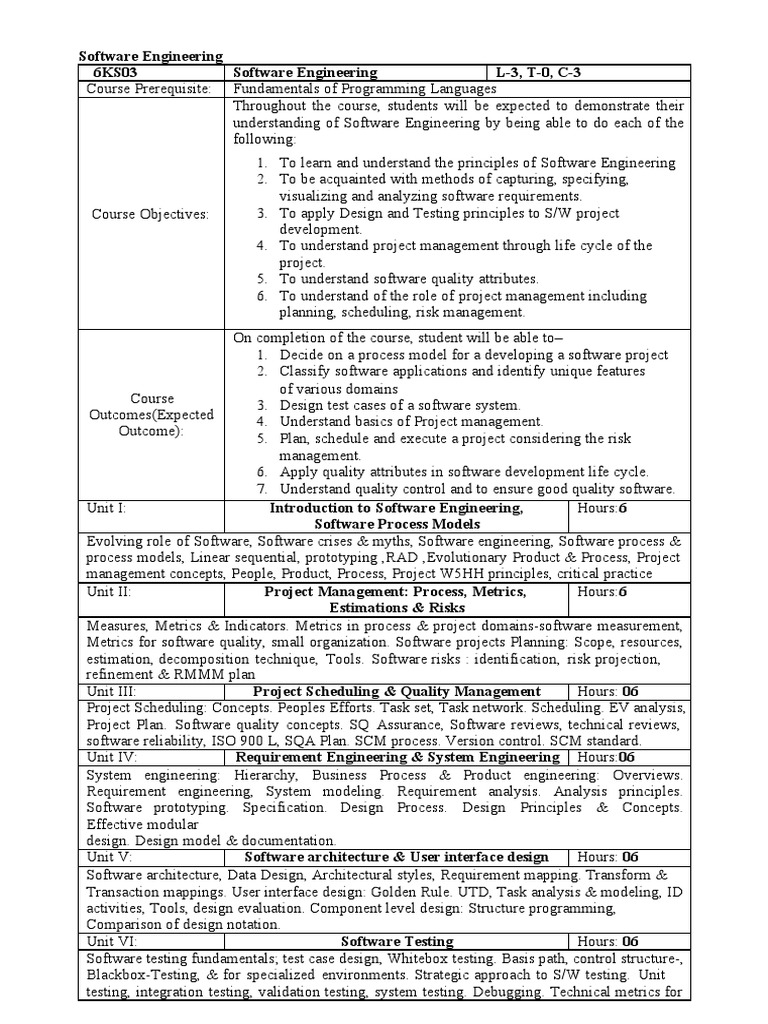 Software Engineering Course Syllabus | PDF | Project Management ...