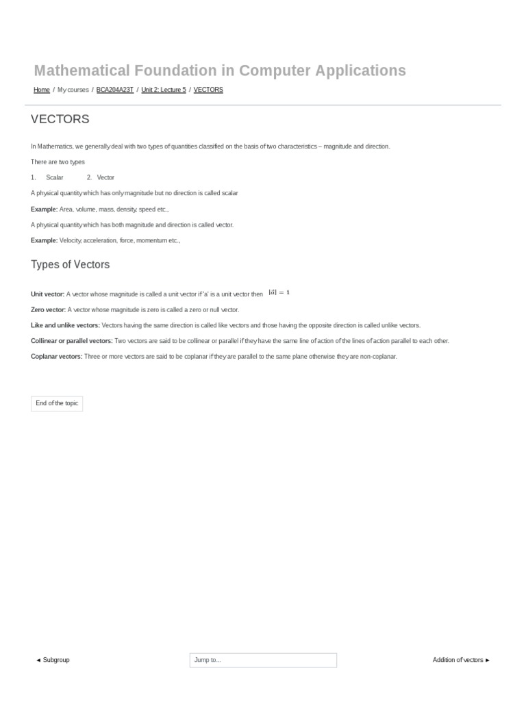 Mathematical Foundation in Computer Applications: Vectors | PDF ...