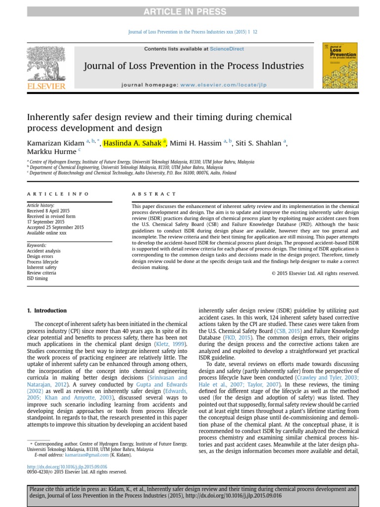 Inherently Safer Design Review and Their Timing During Chemical Process ...