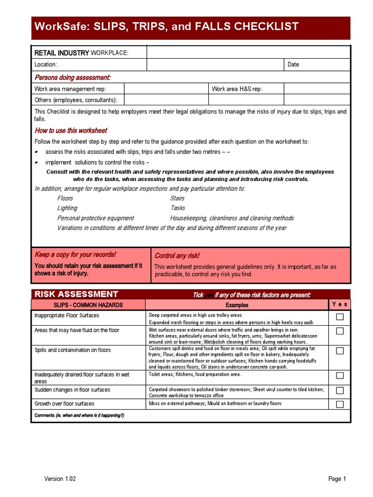 Slips Trips Falls Checklist Pdf Stairs Ladder