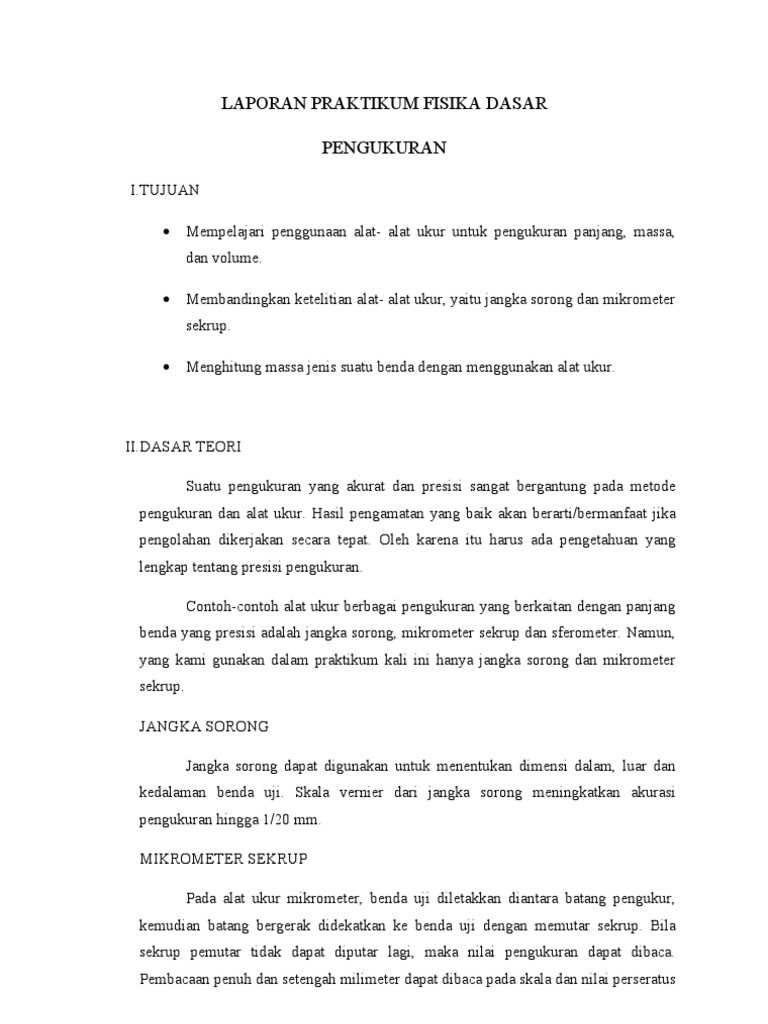 Laporan Praktikum Fisika Pengukuran Jangka Sorong Dan Mikrometer Sekrup Seputar Laporan