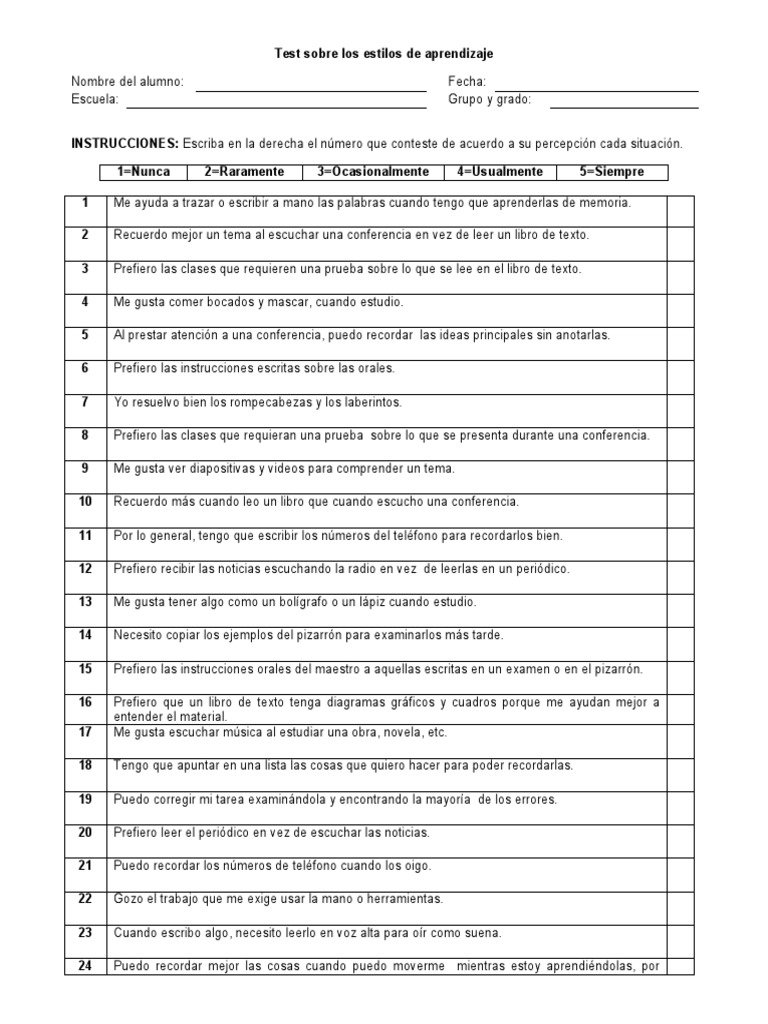 Test Sobre Los Estilos de Aprendizaje HOJA PARA IMPRIMIR | PDF | Libros ...