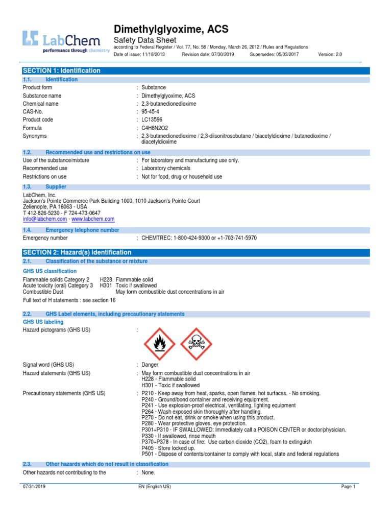 Dimethylglyoxime, ACS: Safety Data Sheet | PDF | Dangerous Goods ...