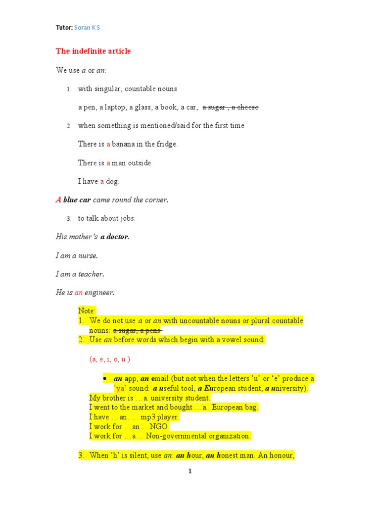 A An The, Zero (Articles in English) PDF Noun Plural