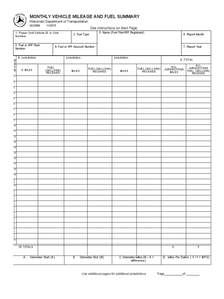 Monthly Vehicle Mileage and Fuel Summary: Wisconsin Department of ...