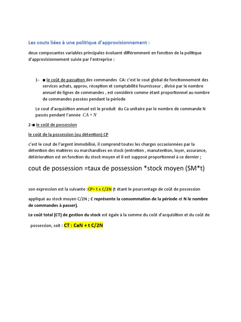 Coûts et Modèle de Wilson en Approvisionnement | PDF | Inventaire | Coût